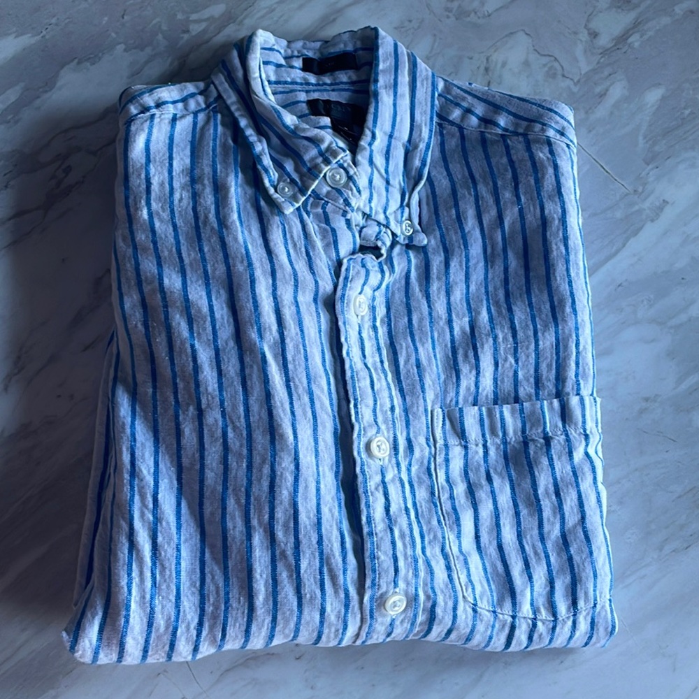 J.Crew Mens’ Baird McNutt Irish Linen Shirt in White with Blue Stripes NWOT